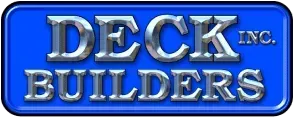 Logo for Deck Builders, Inc. in silver text on a blue rounded rectangle.