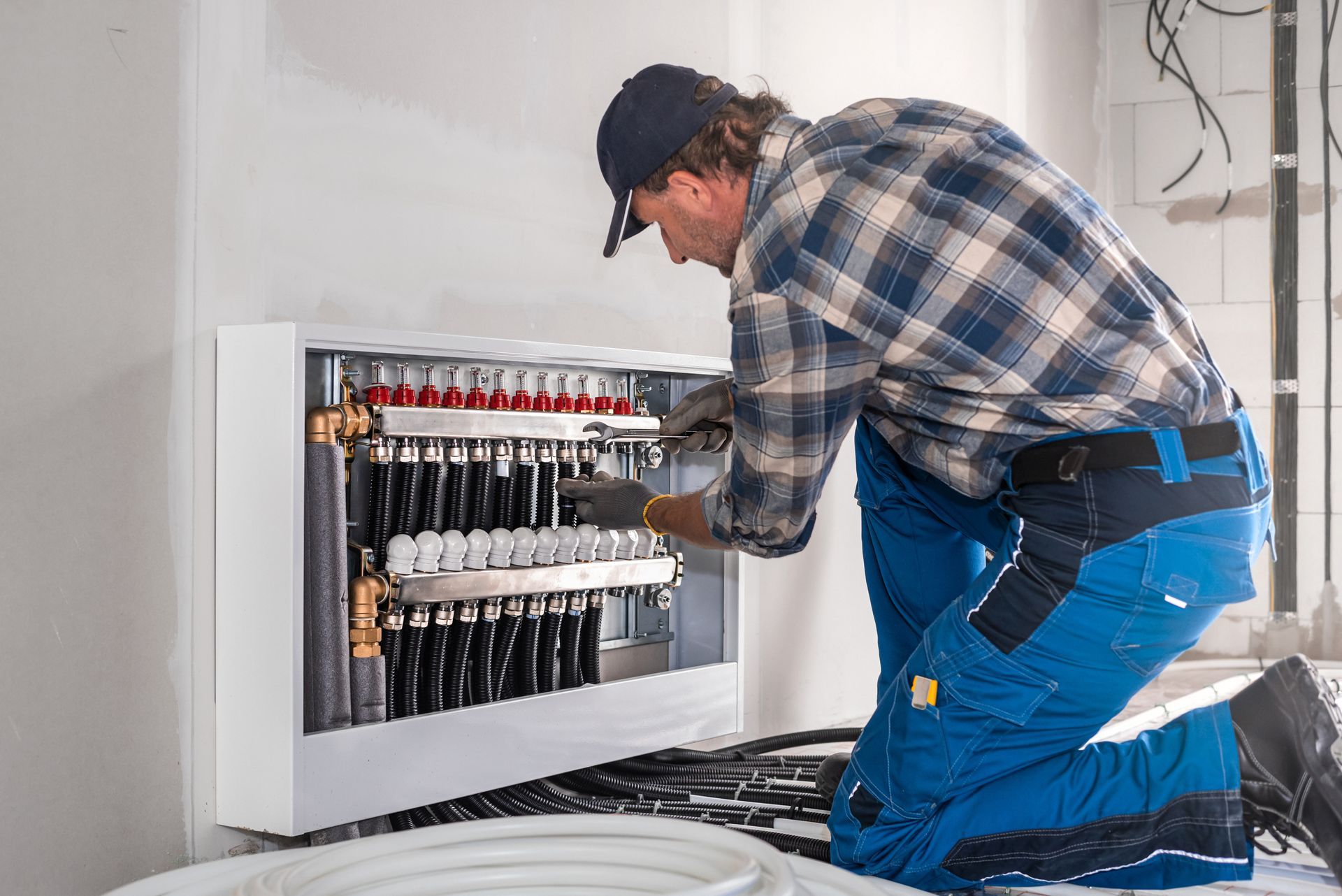 Technician in blue work pants installing wiring in an open electrical control panel indoors Technician in blue work pants installing wiring in an open electrical control panel indoors