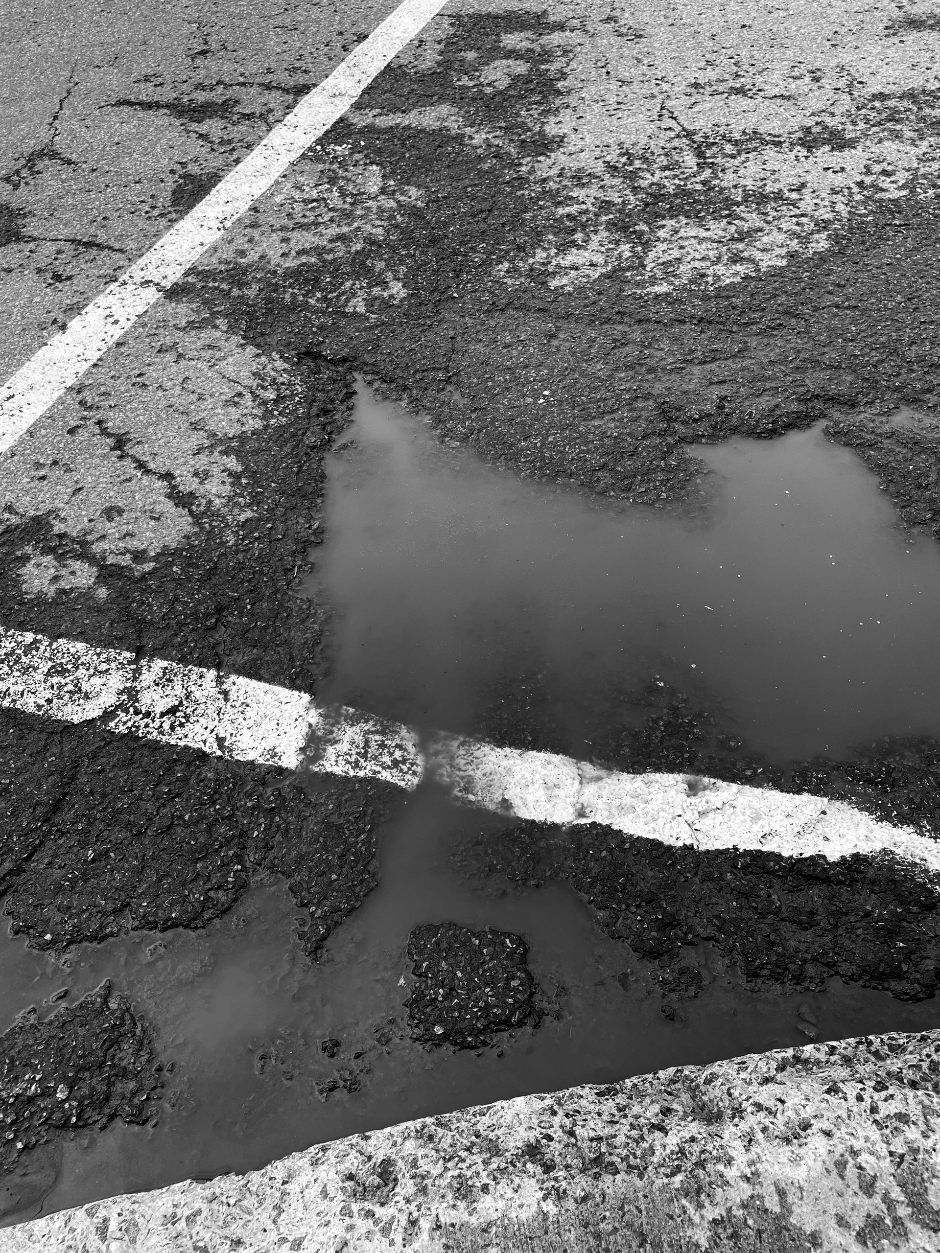 Puddle of water on damaged asphalt, crossed by white parking lines, monochrome.