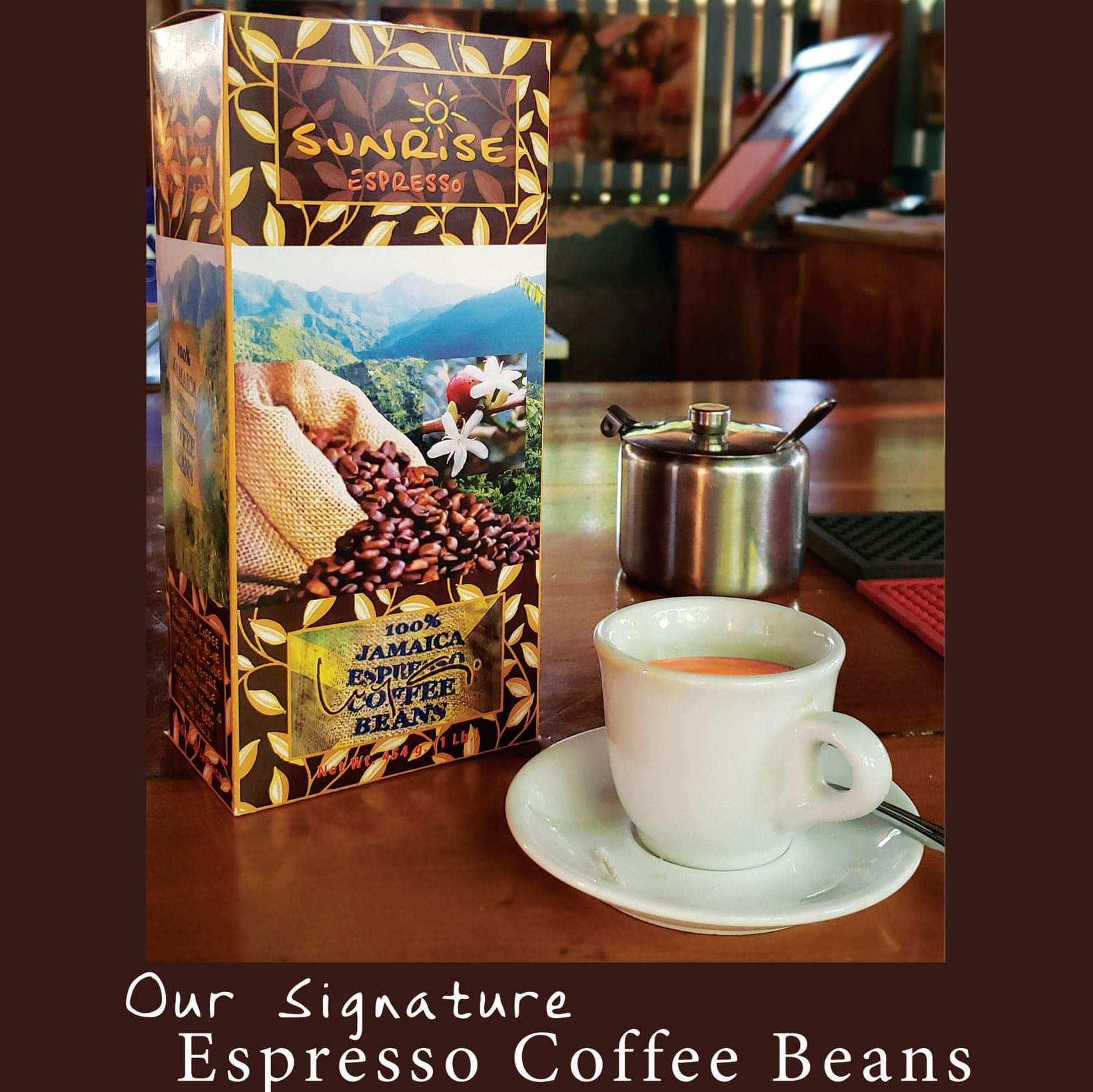 Box of Sunrise Espresso Coffee Beans next to a cup of espresso. Interior setting.