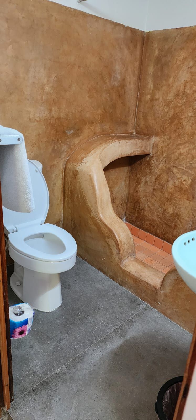 A small bathroom with a toilet and a built-in shelf. Walls are brown, floor is gray.