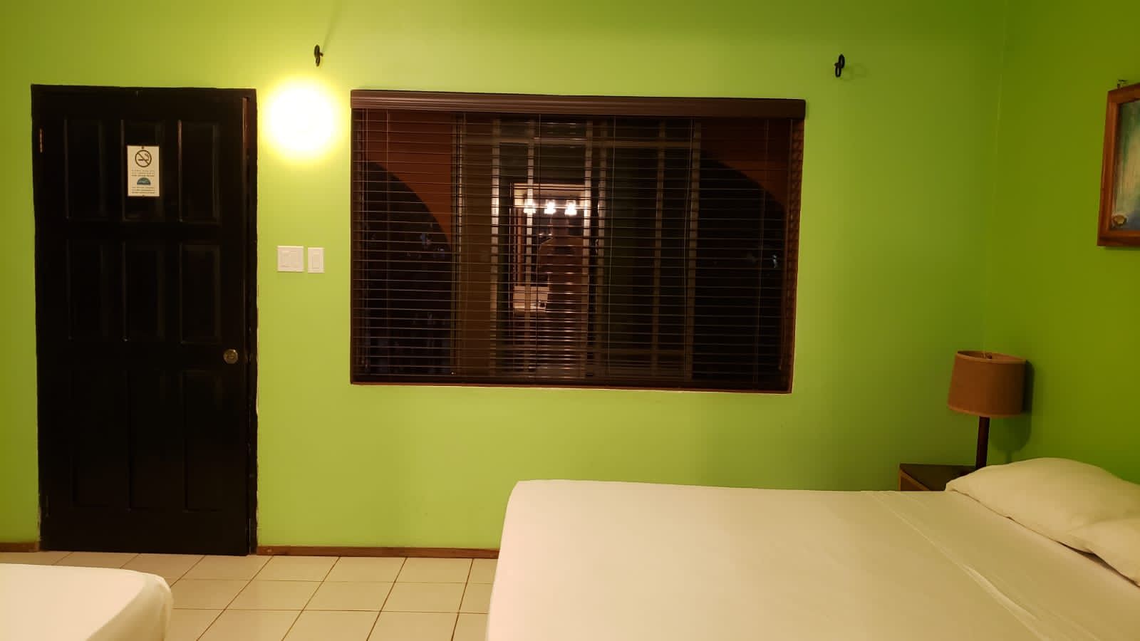 Green-walled hotel room with a window, bed, lamp, and dark door.