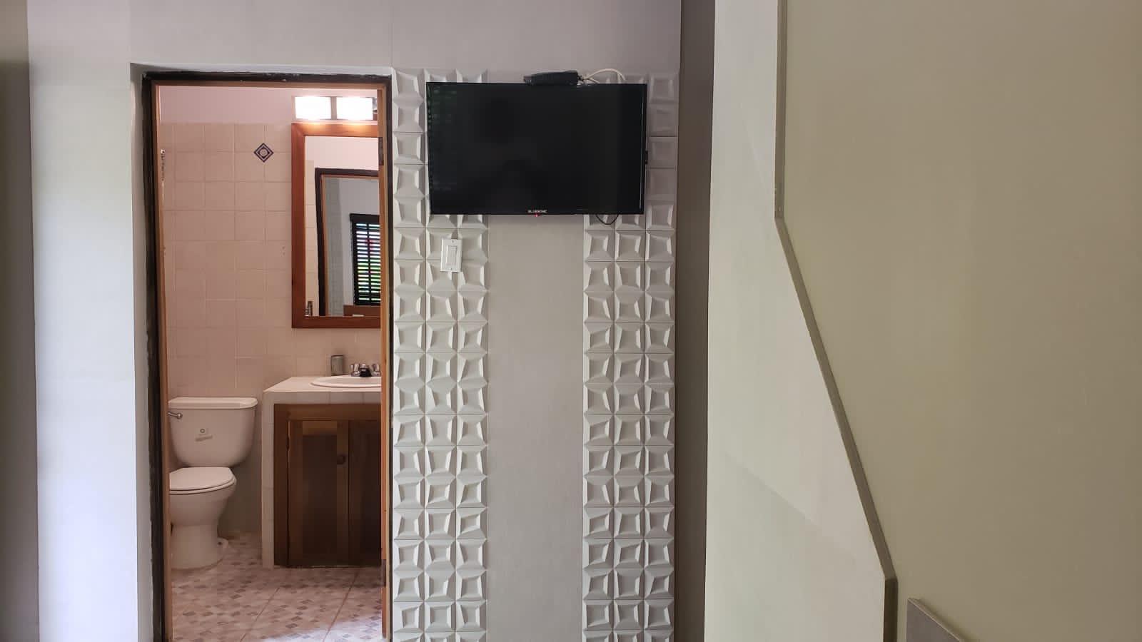Bathroom doorway on the left, toilet visible. Wall-mounted TV above textured panel.