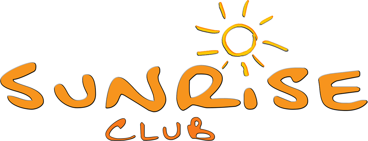 Sunrise Club logo: orange text and sun graphic on white background.