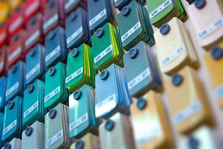 A variety of color swatches for a car paint job.