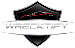 Wrecktify Collision & Restoration logo with red car silhouette on a black and silver shield design.