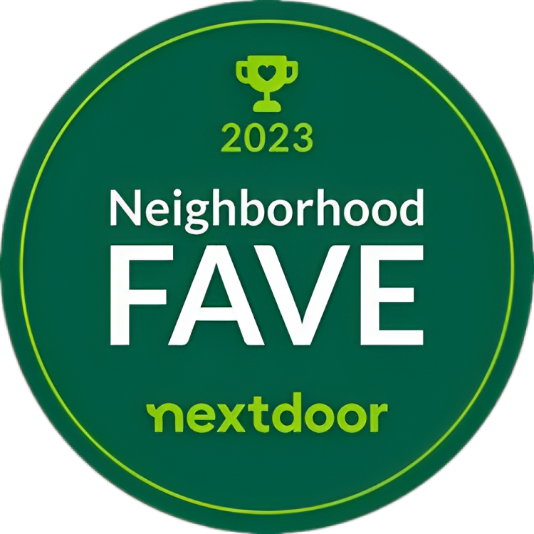 2023 Neighborhood Fave nextdoor badge in green and gold with a trophy icon