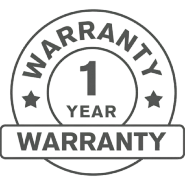 1-year warranty badge with bold black text and stars inside a circular seal