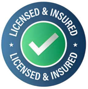 Licensed and insured badge with green checkmark on blue circular seal
