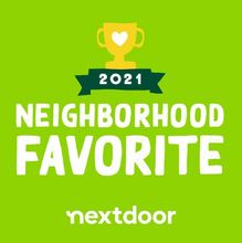 2021 Neighborhood Favorite Nextdoor award badge on green background, with gold trophy icon