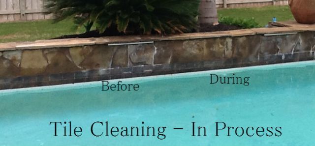 A picture of a pool before and after tile cleaning