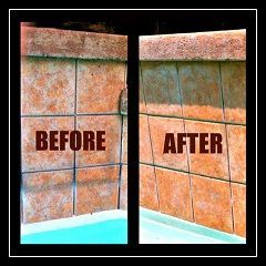 A before and after picture of a tiled wall next to a pool.