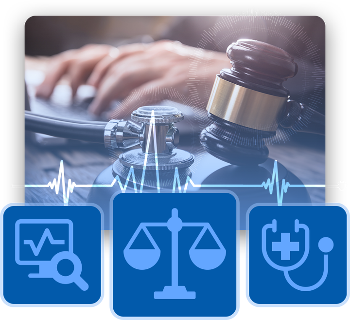 Gavel, stethoscope, and keyboard with digital icons for data analysis, law, and healthcare.