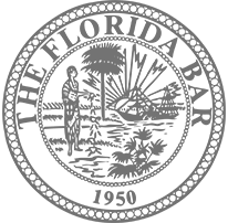 The Florida Bar seal. Shows a landscape with a native person, palm tree, and a sunrise.
