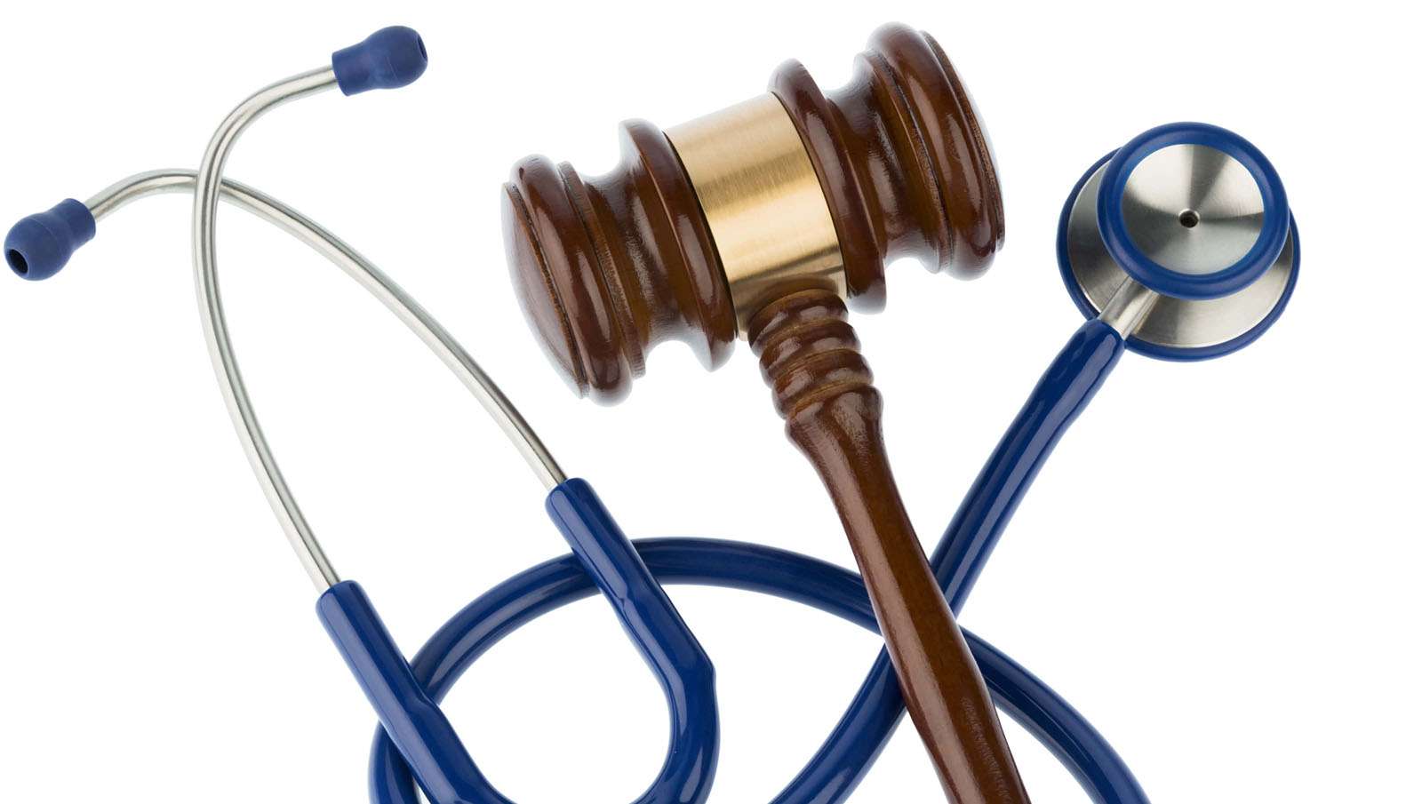 Gavel resting on a stethoscope, both blue and silver, symbolizing healthcare and legal aspects.