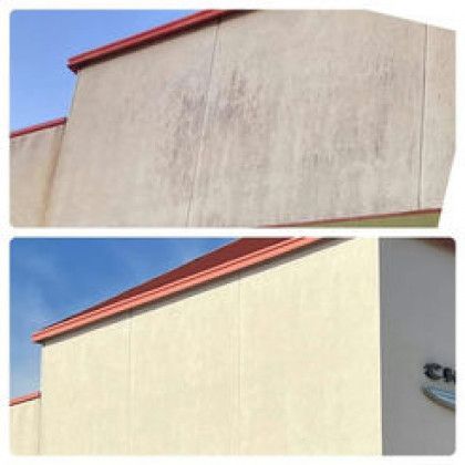 Before and after of a building's exterior. Top shows dirty beige wall, bottom shows a clean beige wall with a red roof.