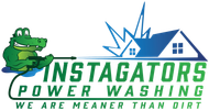 Green gator power washing a house; logo for Instagators Power Washing; text: "We are meaner than dirt."