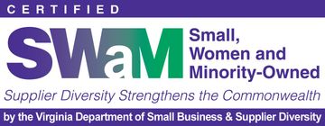SWaM logo: Purple and green text for Small, Women and Minority-Owned businesses, by Virginia Dept. of Small Business.