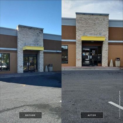 Before and after shots of a store entrance; exterior brick, yellow awning, and asphalt.