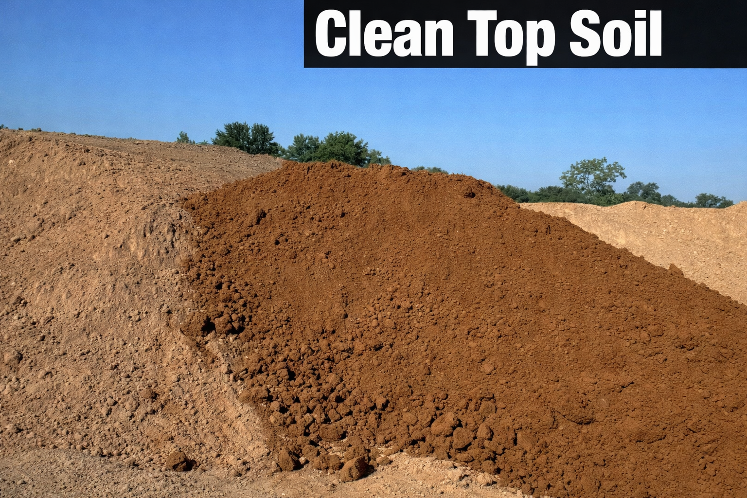 Mound of brown topsoil outdoors under a blue sky, labeled “Clean Top Soil”