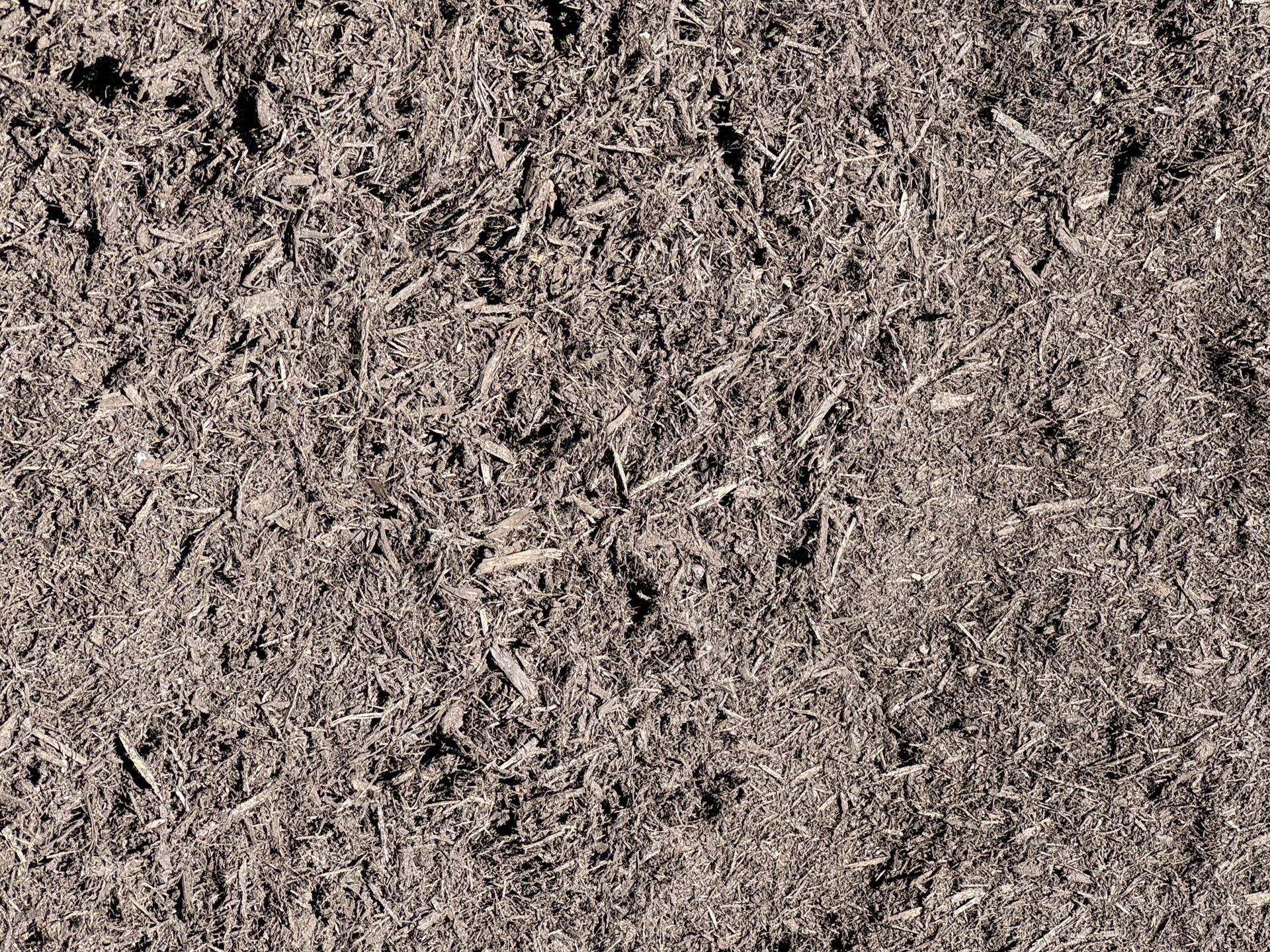 White golf ball on brown wood chips, viewed from above.