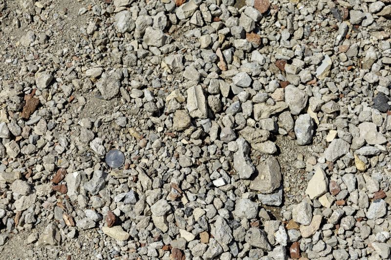 Close-up of scattered gravel and small rocks in tan, gray, and brown tones.