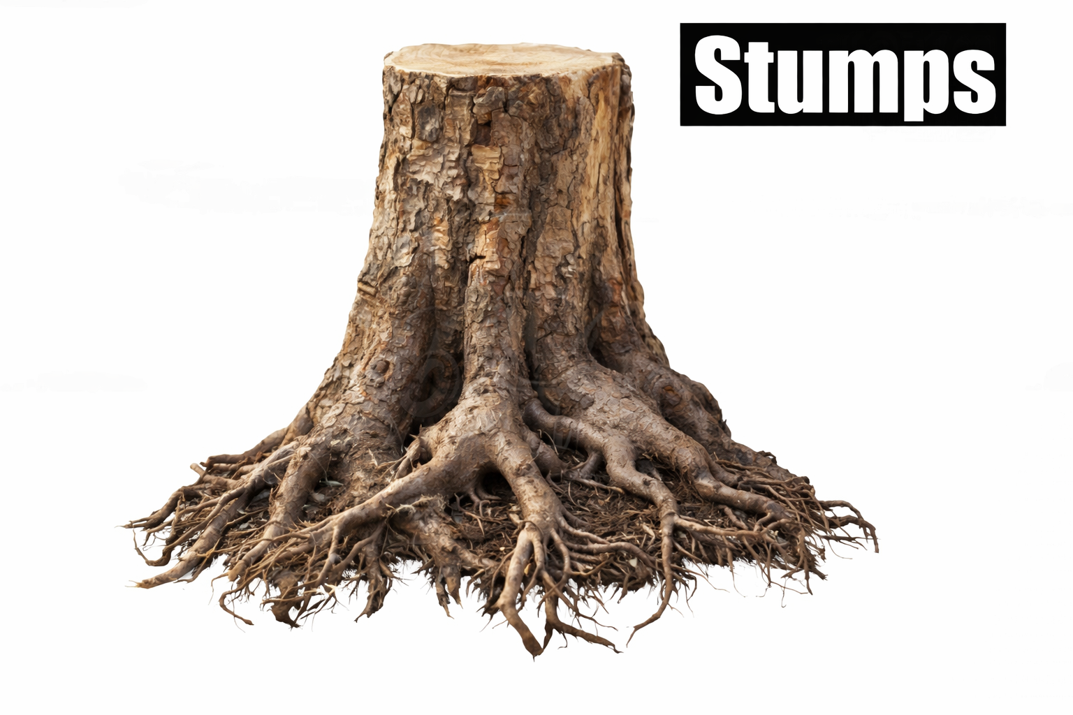 Tree stump with exposed roots on a white background, labeled “Stumps”