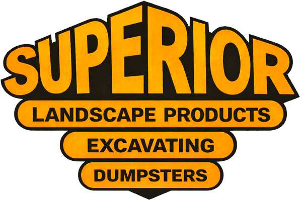 Superior Landscape Products logo with orange and black text: Excavating and Dumpsters