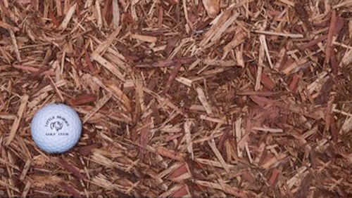 White golf ball on brown wood chips, viewed from above.
