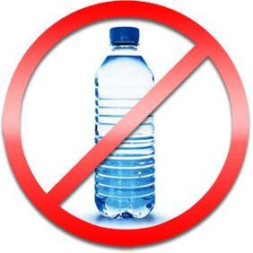 Red prohibition symbol over a blue plastic water bottle, indicating no bottled water.