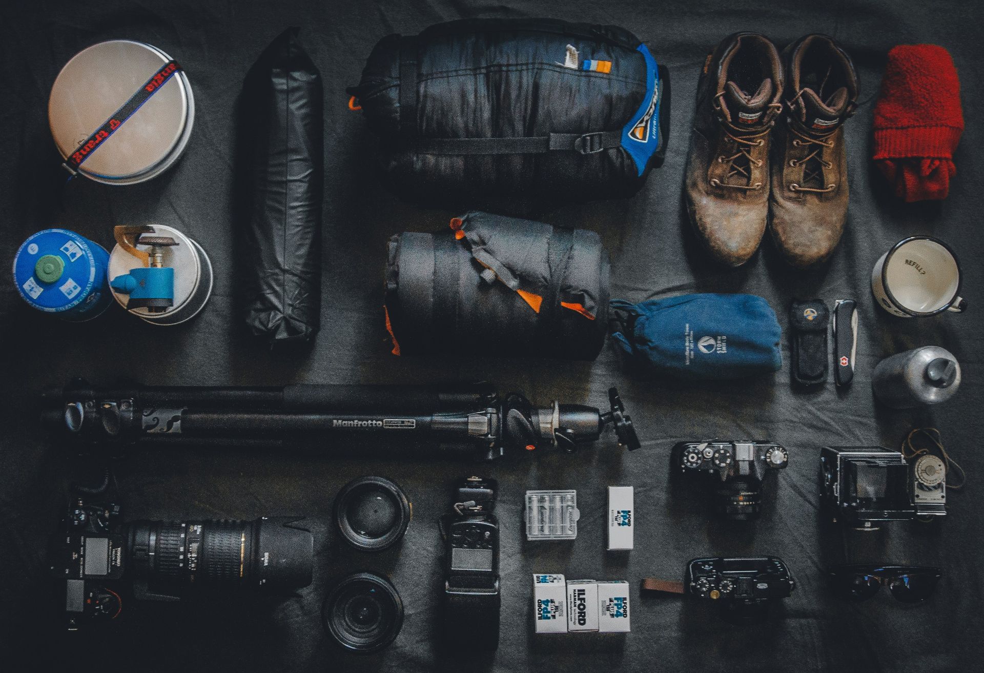 Outdoor gear packed flat lay