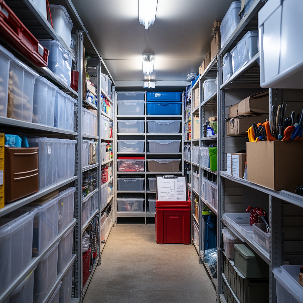 a well organized storage unit with shelving and drawers
