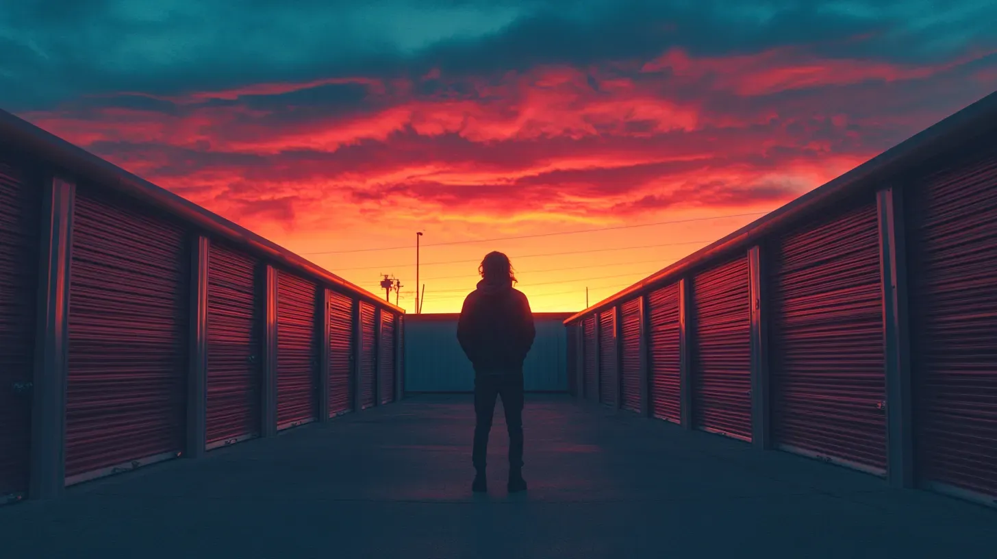 Person standing between storage units at sunset