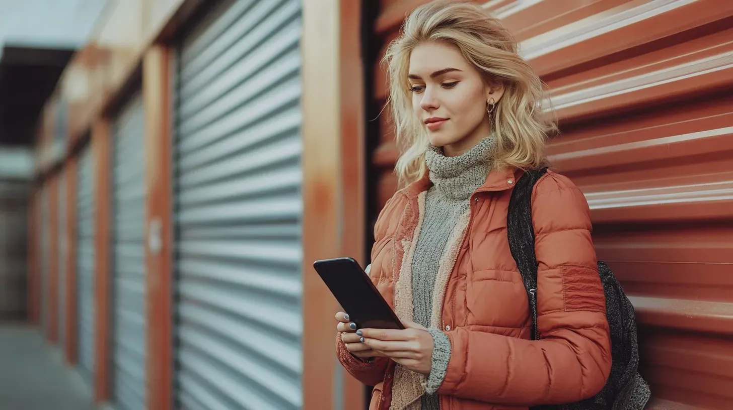 woman outside of storage unit looking at phone