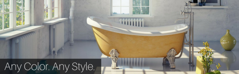 Gold clawfoot bathtub in a bright bathroom with the text “Any Color. Any Style.”