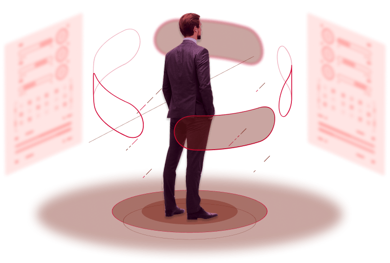 A man in a suit is standing in a circle looking at a screen.