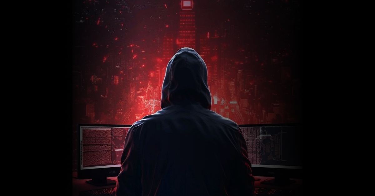 A person wearing a mask and a hood is sitting in front of a computer screen.