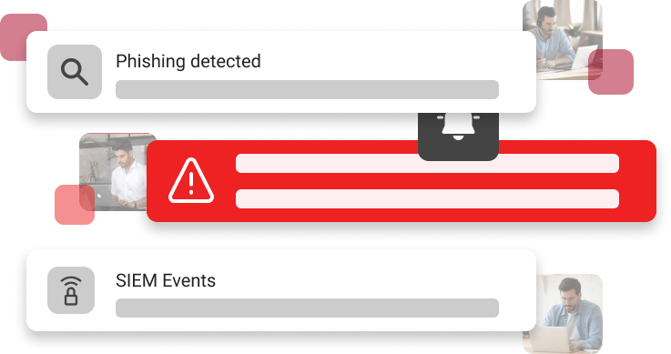 A graphic showing a phishing detected , sem events , and a man using a laptop.