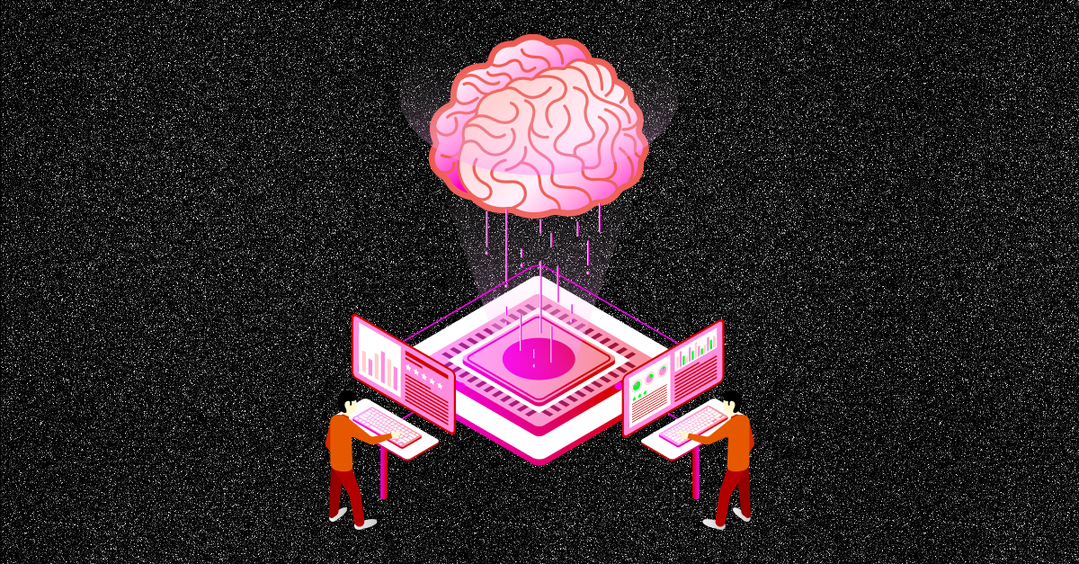 A cartoon illustration of a brain floating over a computer.