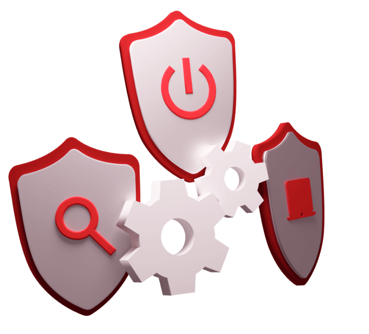 Three shields with gears and a key on them