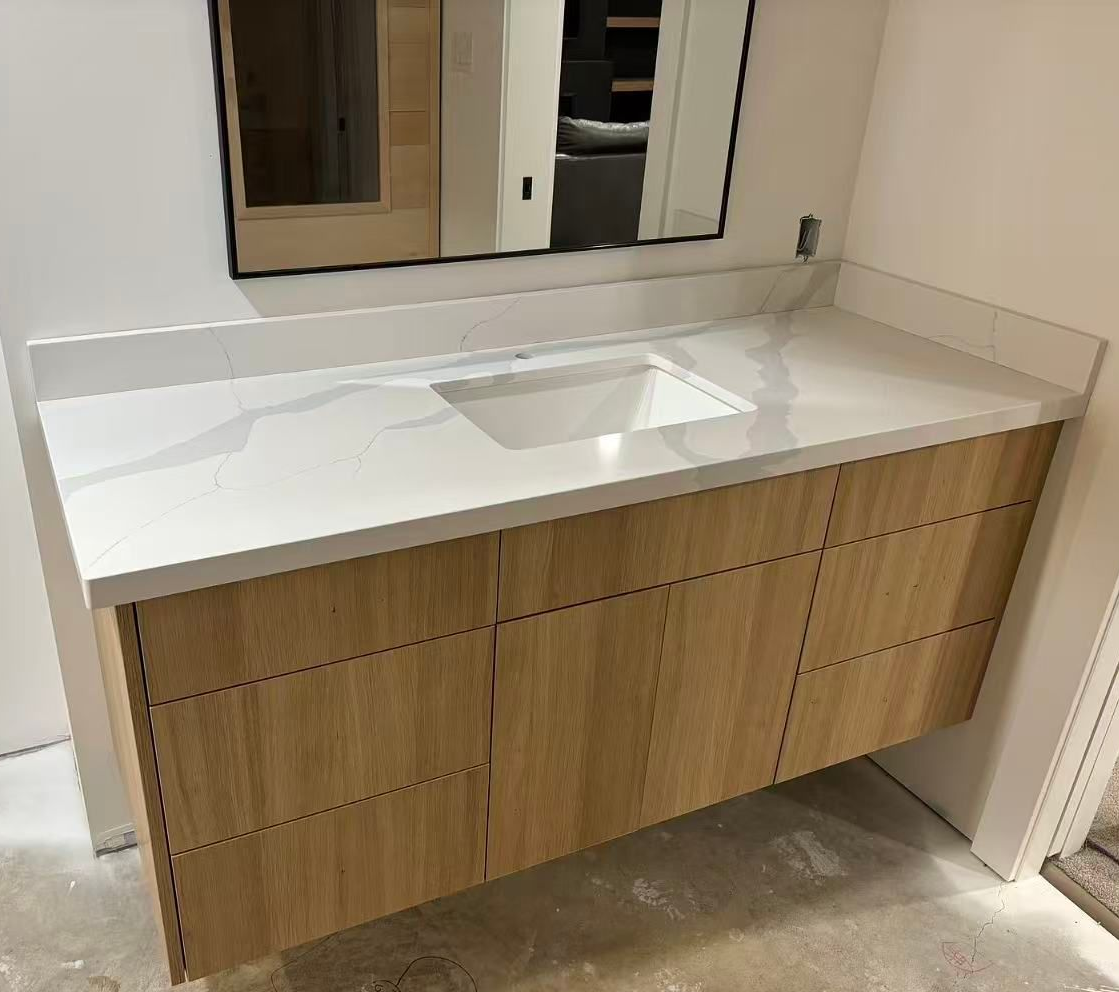 Custom wood bathroom vanity with quartz countertop in London, Ontario