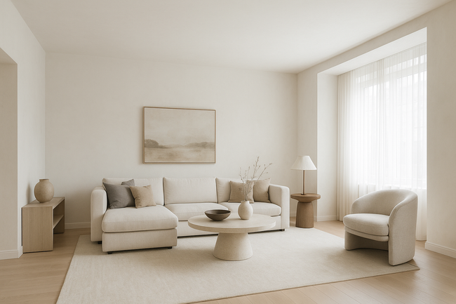 Minimalistische beige woonkamer met bank, fauteuil, salontafel en zacht natuurlijk licht.