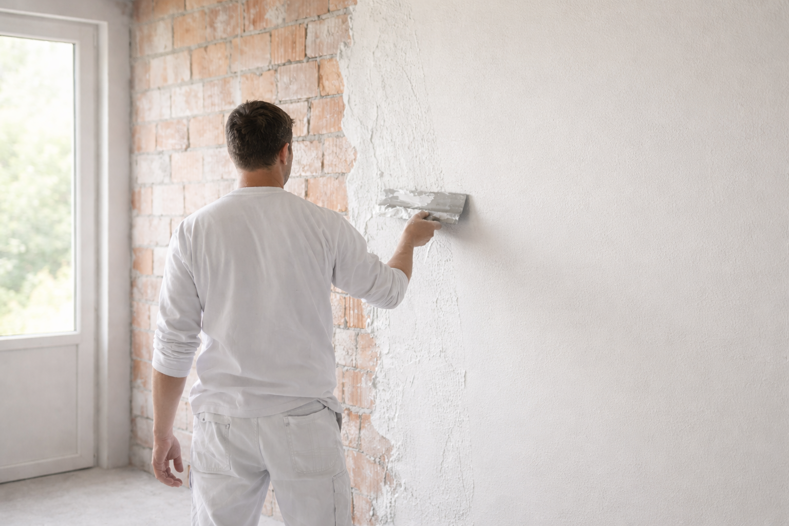 Iemand brengt witte pleister aan op een muur in een lichte kamer met een raam en een deur.