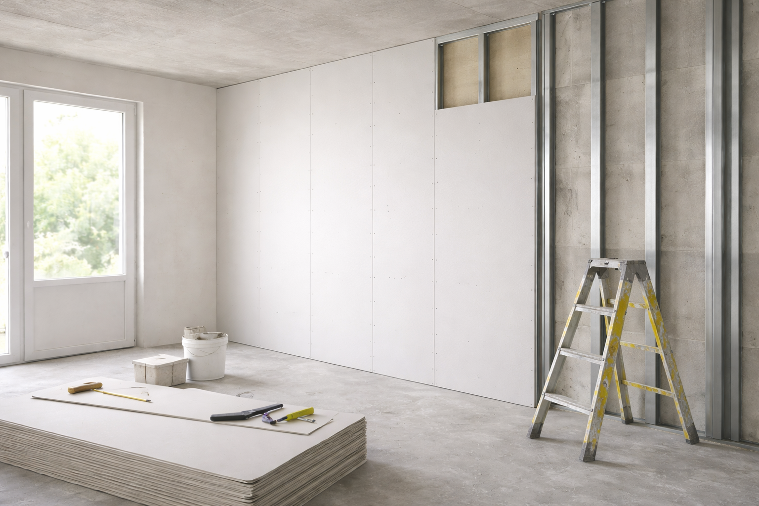 Een lege kamer renoveren met gipsplaten, een ladder, gereedschap en een raam dat daglicht binnenlaat.