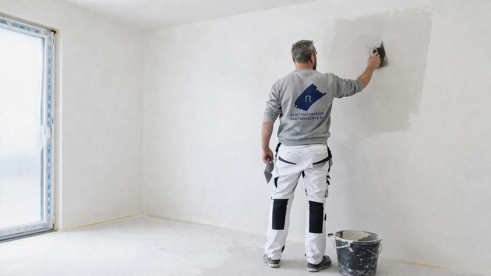 Een schilder brengt witte verf aan op een muur in een lichte, lege kamer naast een raam.