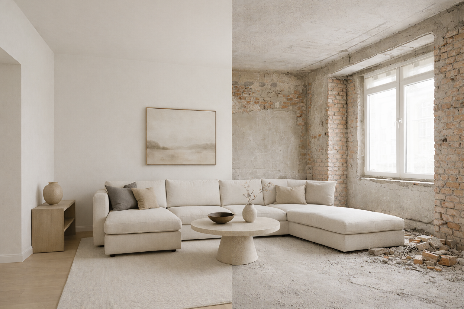 Minimalistische beige woonkamer met bank, fauteuil, salontafel en abstracte muurdecoratie.