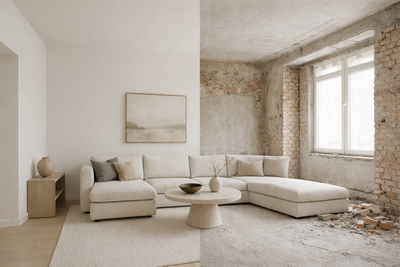 Lichte, minimalistische woonkamer met beige hoekbank, abstracte kunst en grote ramen langs een afbladderende muur.