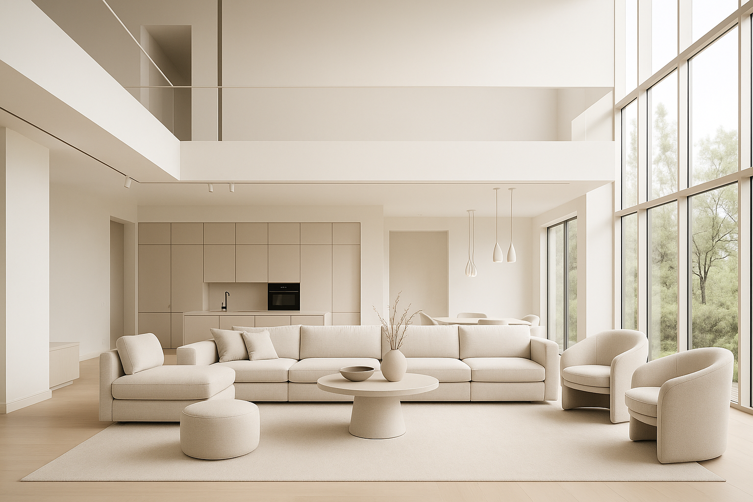 Minimalistische beige woonkamer met hoge ramen, grote bank en ronde fauteuils in een lichte, moderne loft.