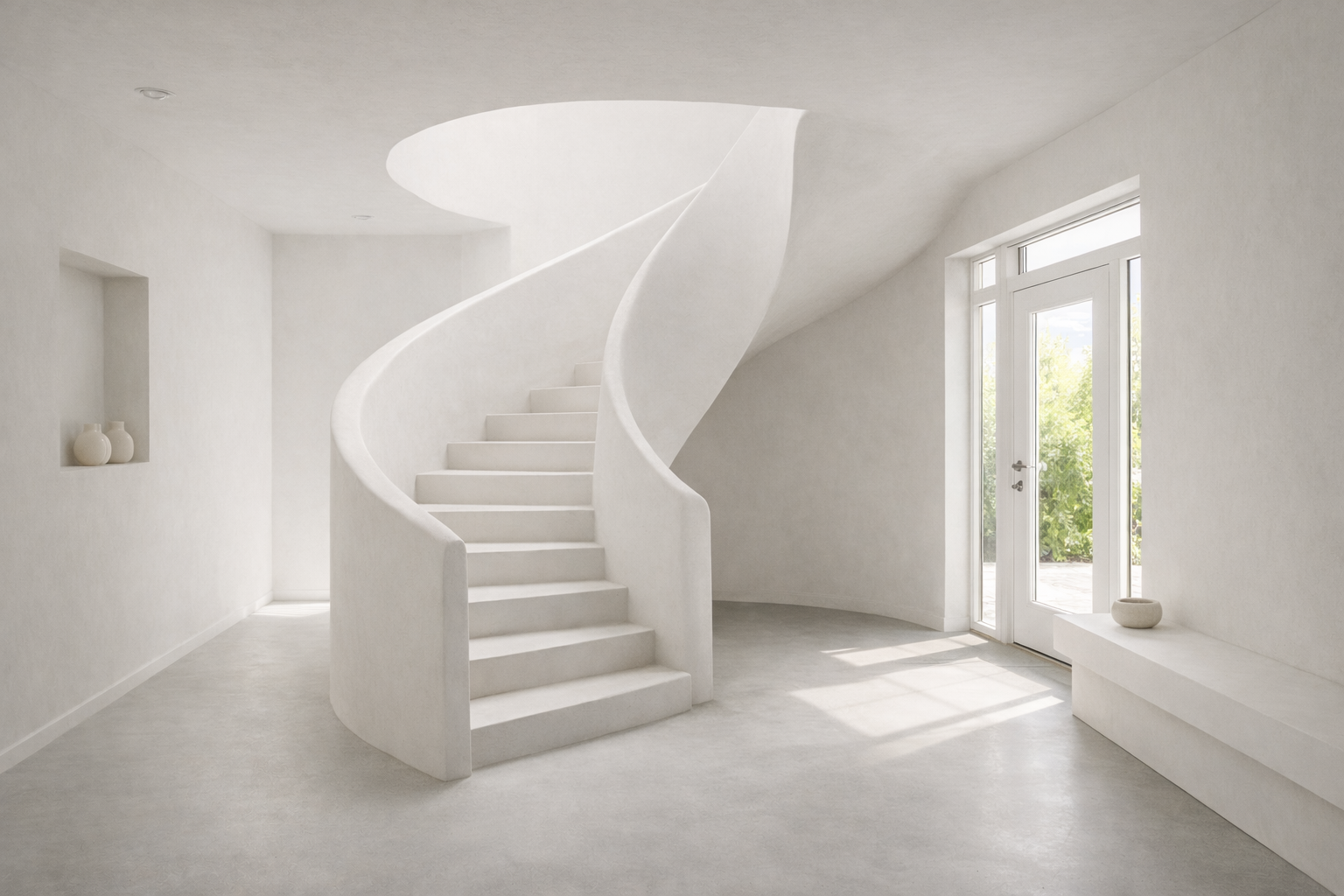 Minimalistische witte kamer met een gebogen trap en zonlicht dat door een hoog raam naar binnen valt.