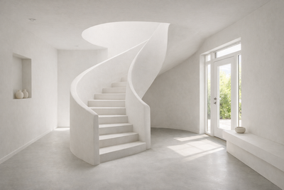 Minimalistisch wit interieur met een gebogen trap en veel lichtinval door de ramen.